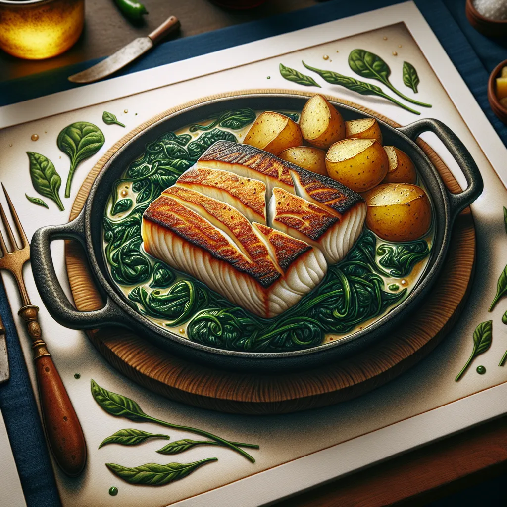 Spanish Baked Cod with Sautéed Spinach and Potatoes