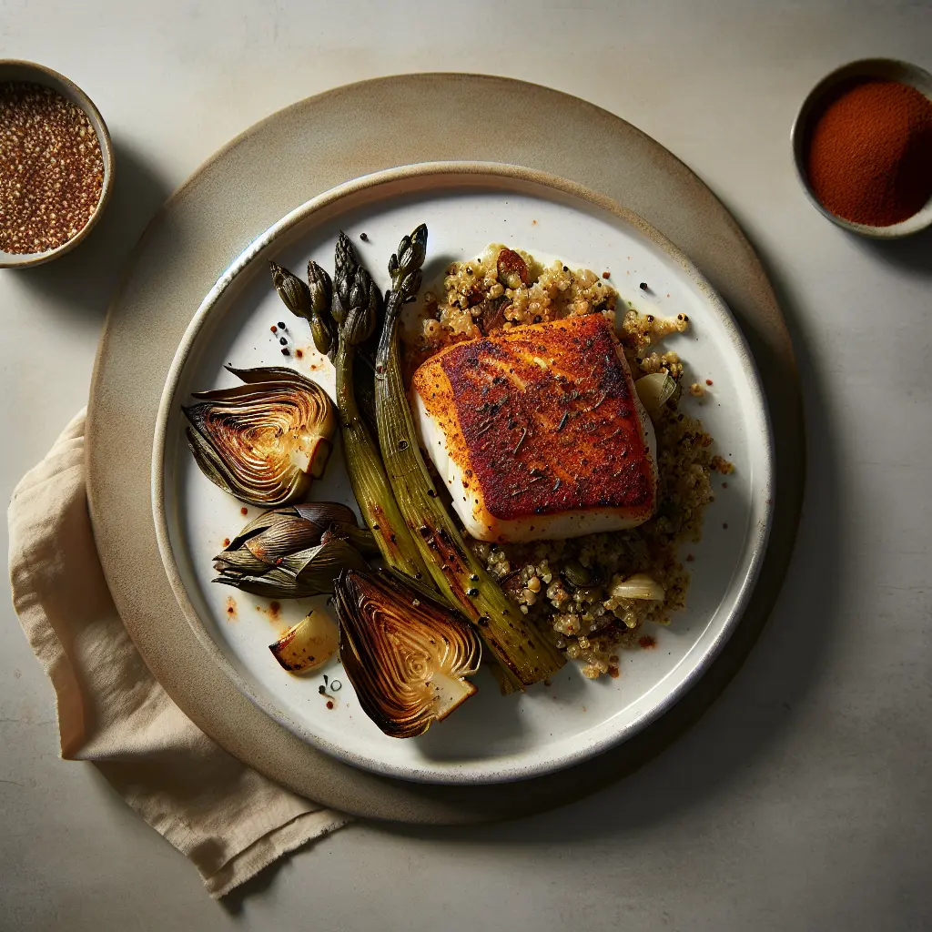 Exotic Spiced Baked Cod with Quinoa and Grilled Artichokes