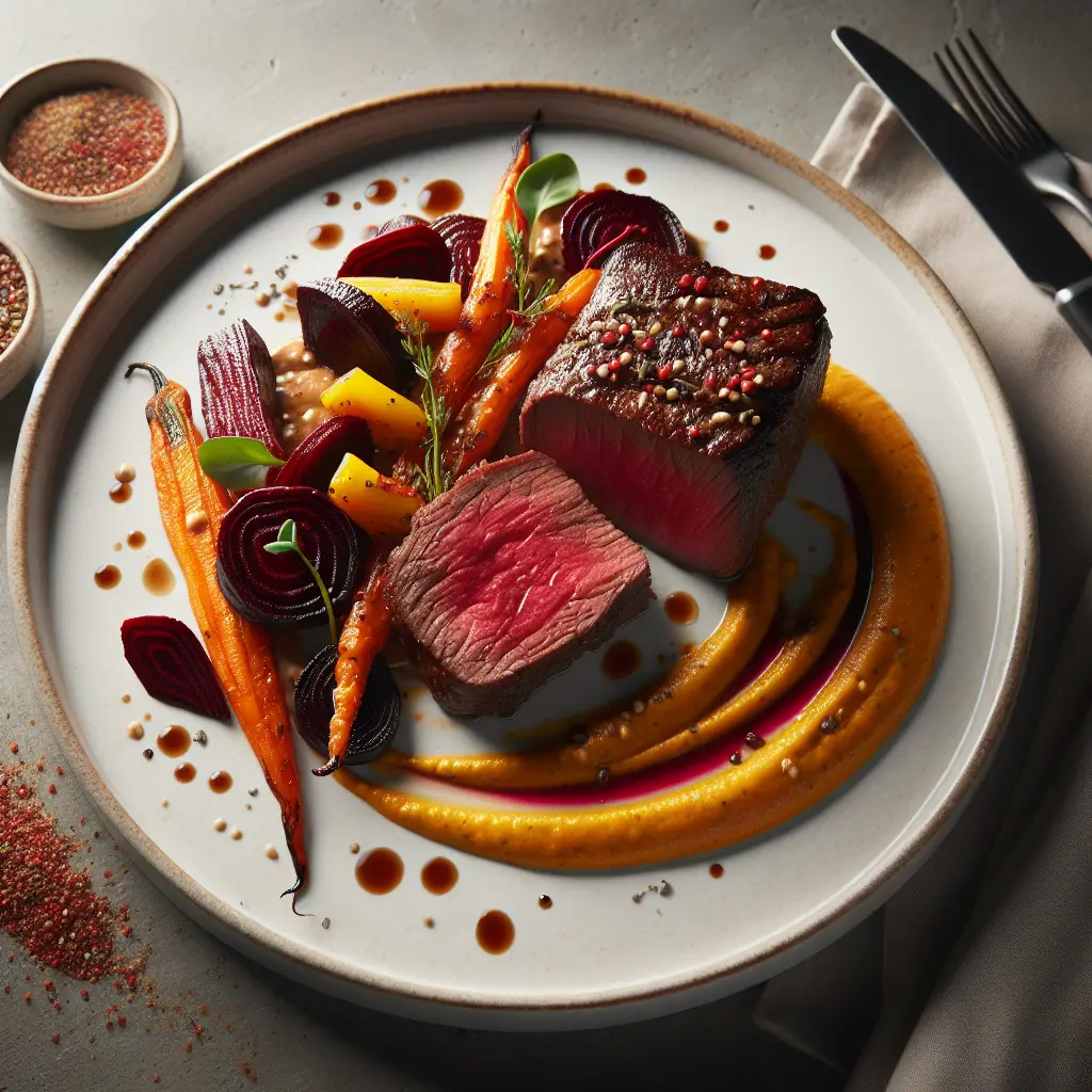 Exotic Spiced Beef Tenderloin with Roasted Beetroot and Carrot Purée