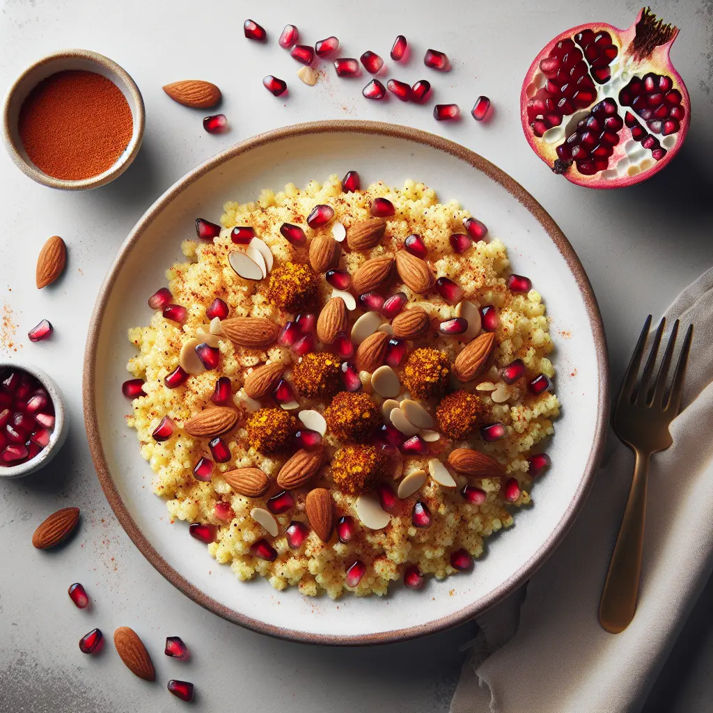 Exotic Spiced Breakfast Couscous with Pomegranate and Almonds
