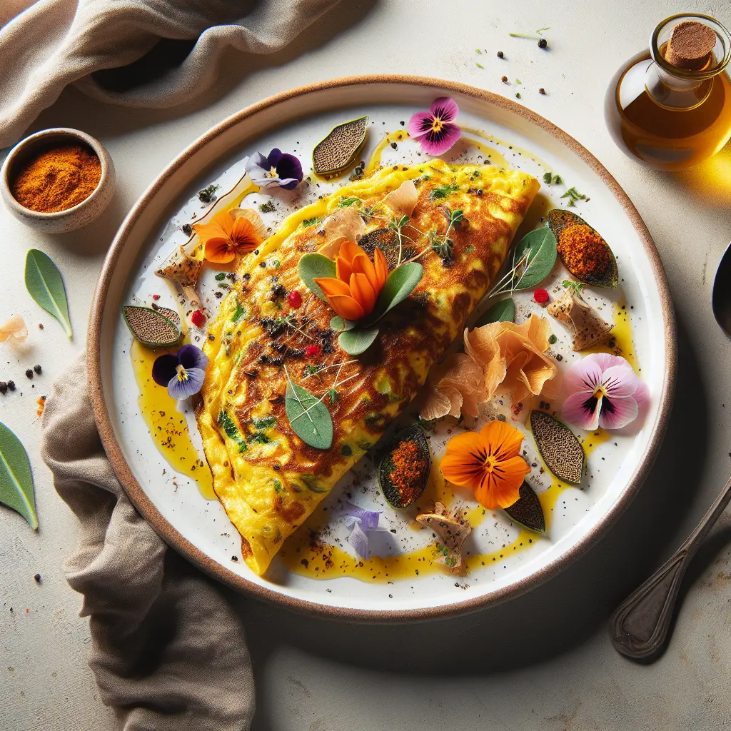 Exotic Spiced Breakfast Omelette with Truffle Oil and Edible Flowers