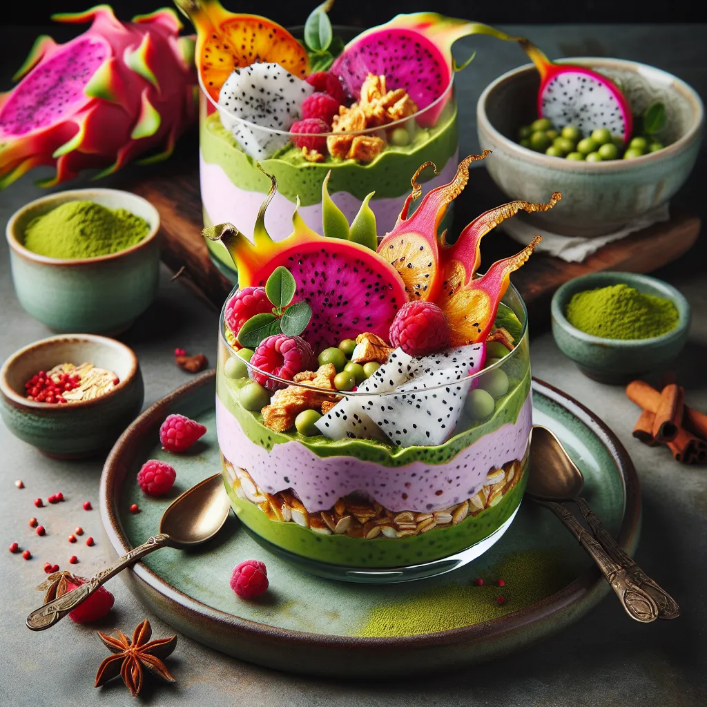 Exotic Spiced Breakfast Parfait with Matcha and Dragon Fruit