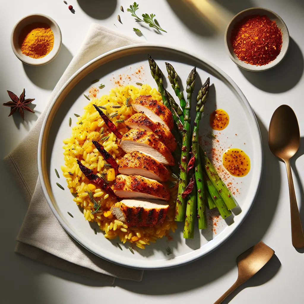 Exotic Spiced Chicken with Saffron Risotto and Grilled Asparagus