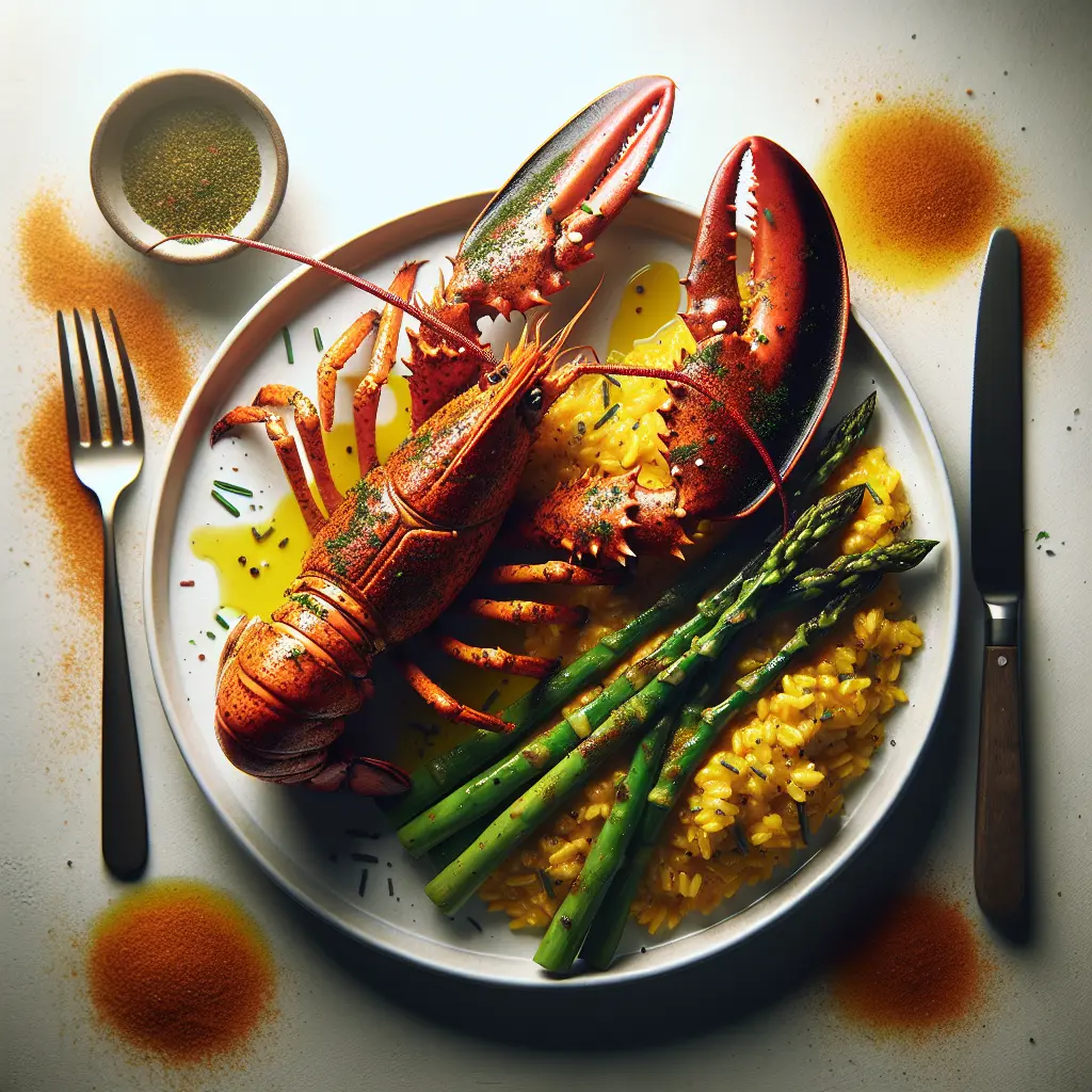 Exotic Spiced Grilled Lobster with Saffron Risotto and Asparagus