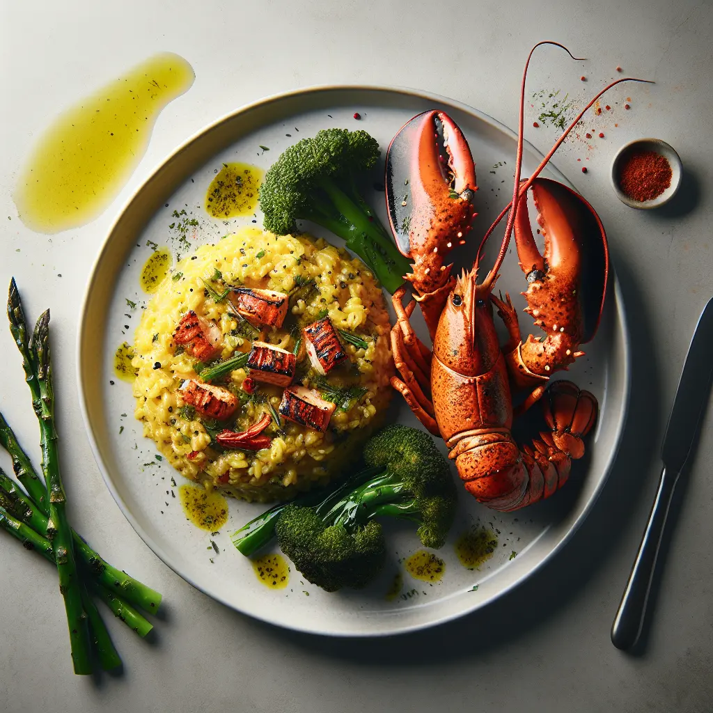 Exotic Spiced Grilled Lobster with Saffron Risotto and Charred Broccolini
