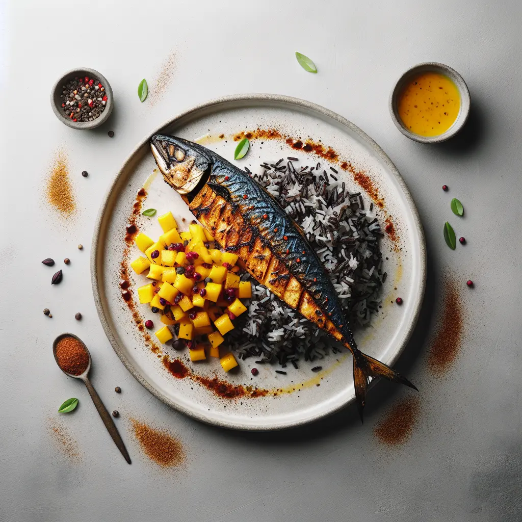 Exotic Spiced Grilled Mackerel with Black Rice and Mango Salsa