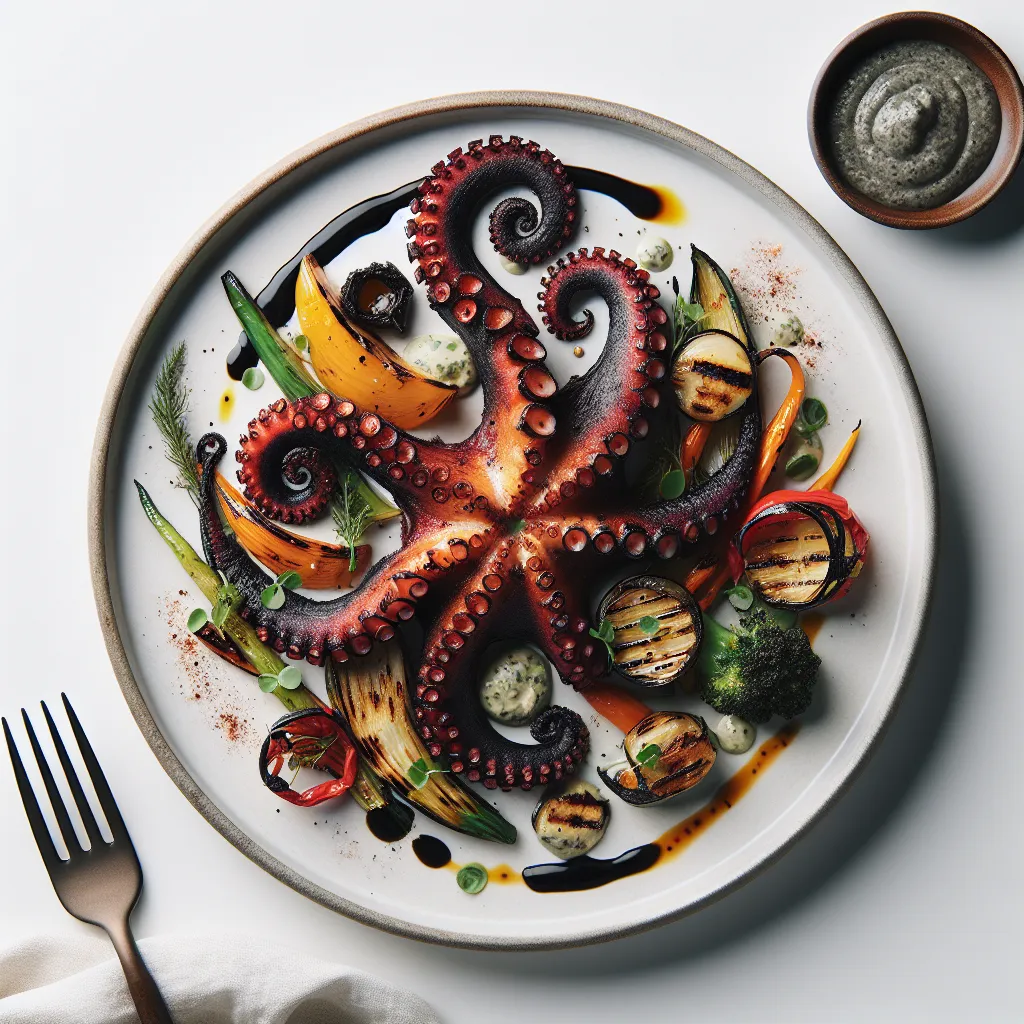 Exotic Spiced Grilled Octopus with Black Garlic Aioli and Charred Vegetables