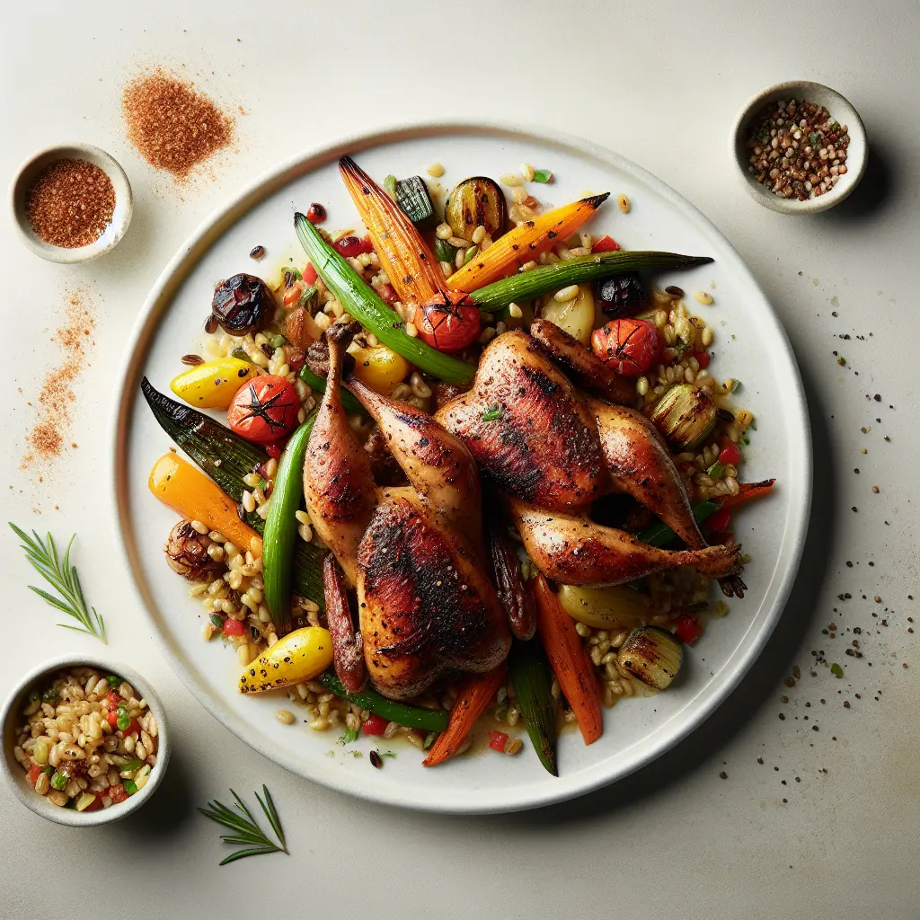 Exotic Spiced Grilled Quail with Farro and Roasted Vegetable Medley