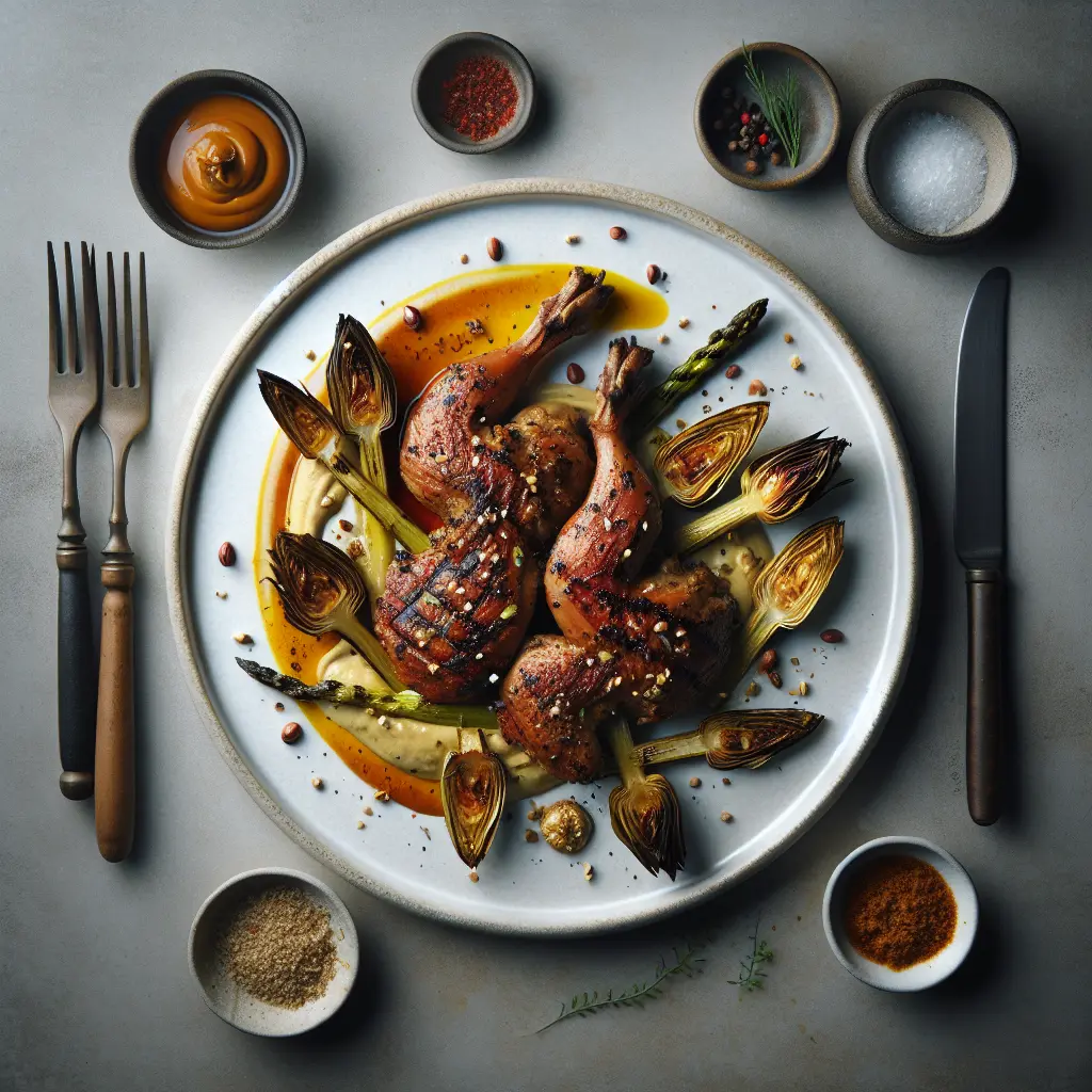 Exotic Spiced Grilled Rabbit with Chestnut Purée and Grilled Artichokes