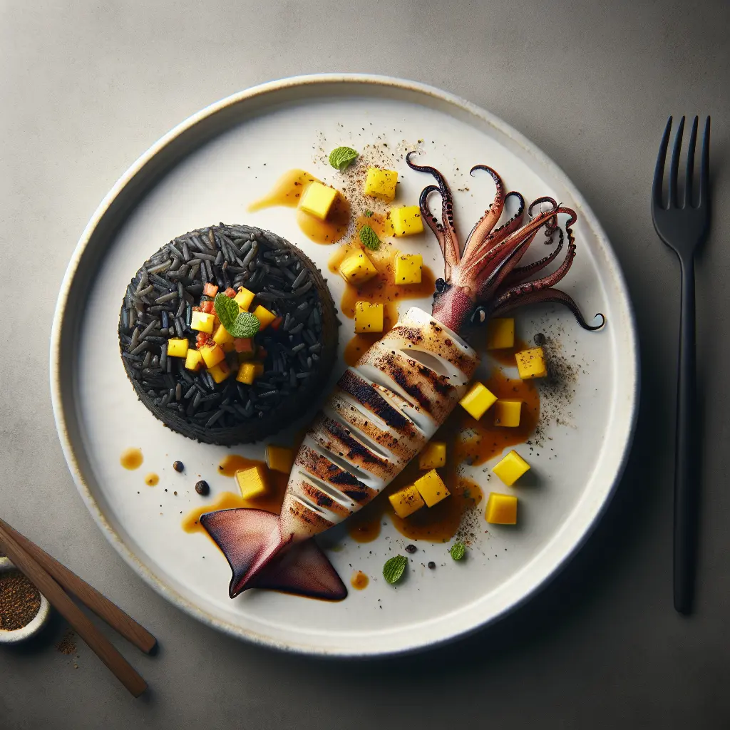 Exotic Spiced Grilled Squid with Black Rice and Mango Salsa
