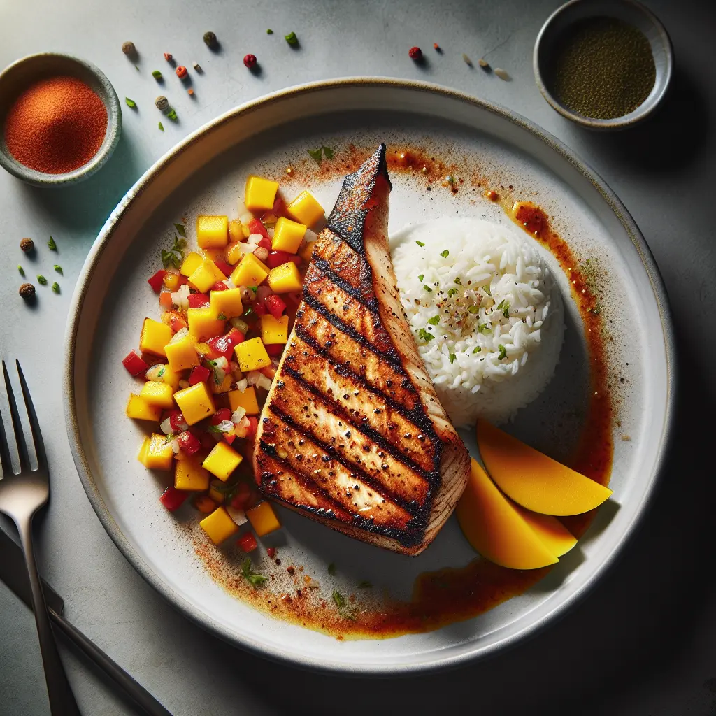 Exotic Spiced Grilled Swordfish with Mango Salsa and Coconut Rice