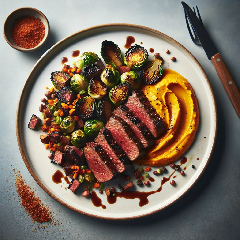 Exotic Spiced Grilled Venison with Sweet Potato Purée and Charred Brussels Sprouts