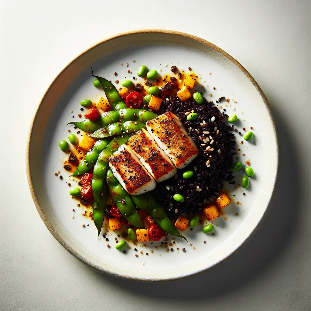 Exotic Spiced Monkfish with Black Rice and Grilled Artichokes