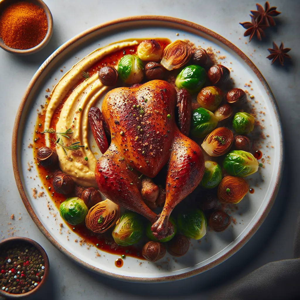 Exotic Spiced Pheasant with Chestnut Purée and Roasted Brussels Sprouts
