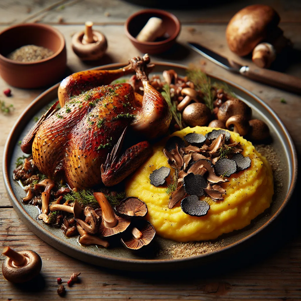 Exotic Spiced Pheasant with Wild Mushroom and Truffle Polenta