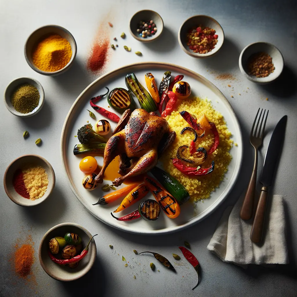 Exotic Spiced Quail with Saffron Couscous and Grilled Vegetables