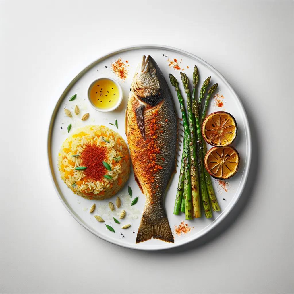 Exotic Spiced Sea Bass with Saffron Risotto and Grilled Asparagus