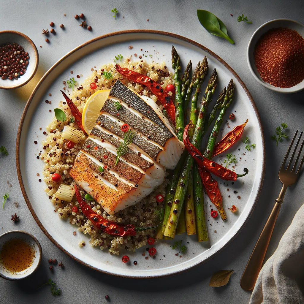 Exotic Spiced Turbot with Quinoa and Grilled Asparagus