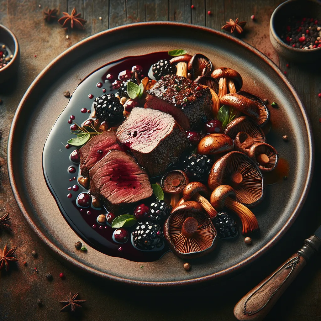 Exotic Spiced Venison with Blackberry Reduction and Wild Mushroom Ragout