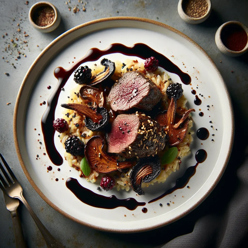 Exotic Spiced Venison with Blackberry Reduction and Wild Mushroom Risotto