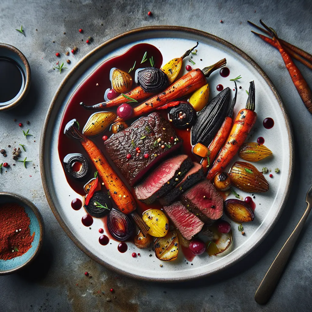 Exotic Spiced Venison with Red Wine Reduction and Roasted Root Vegetables