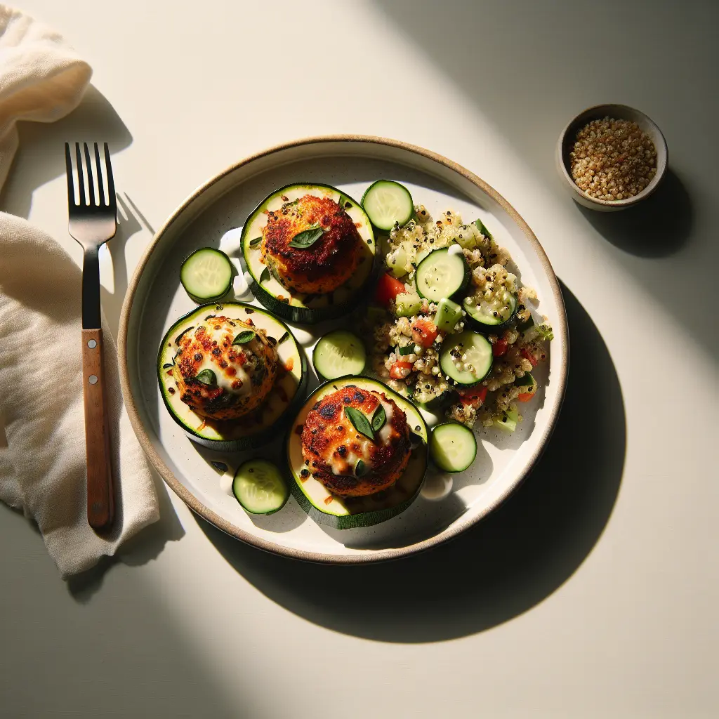 Stuffed Round Zucchini with Quinoa and Cucumber Salad