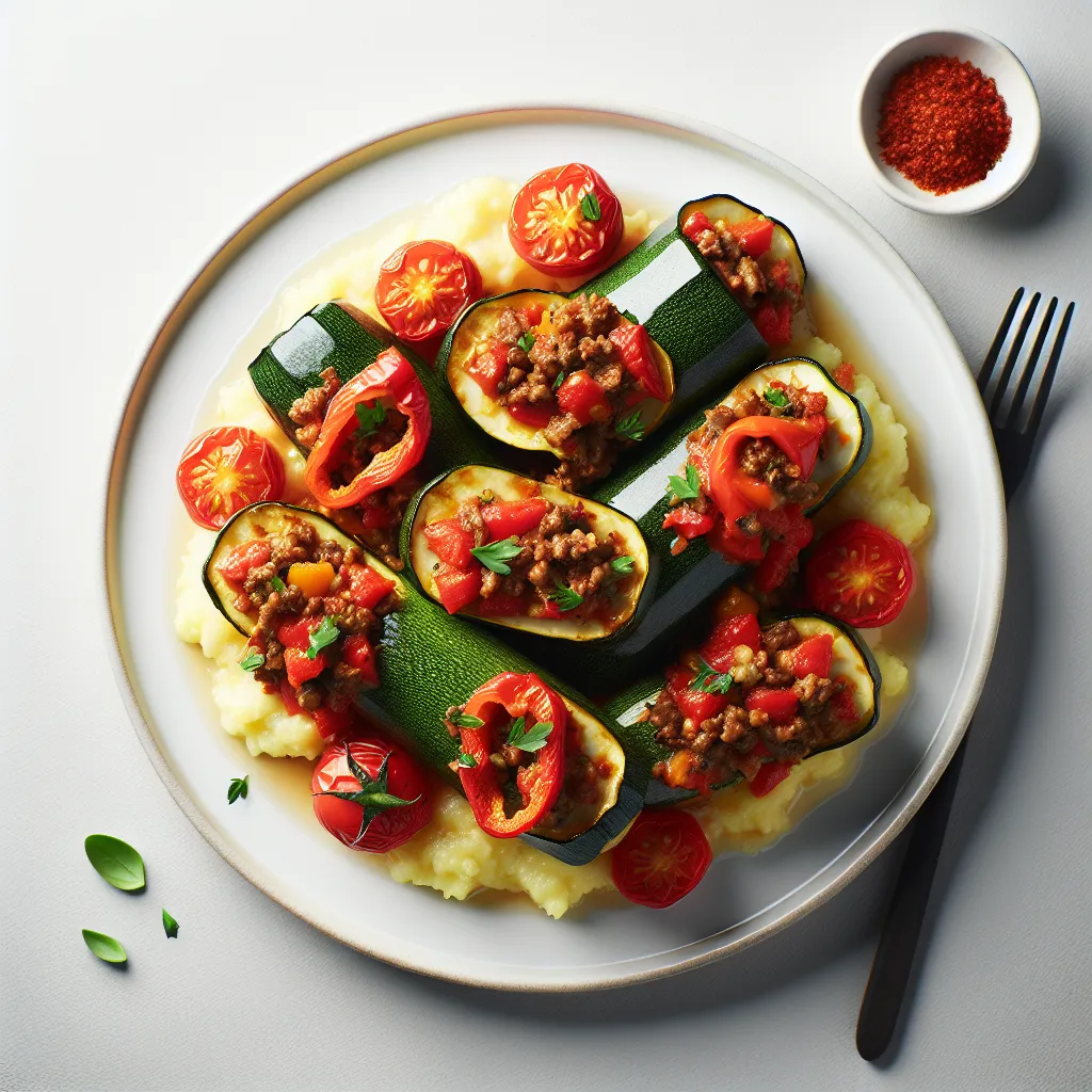 Stuffed Zucchini with Red Bell Pepper and Ground Beef