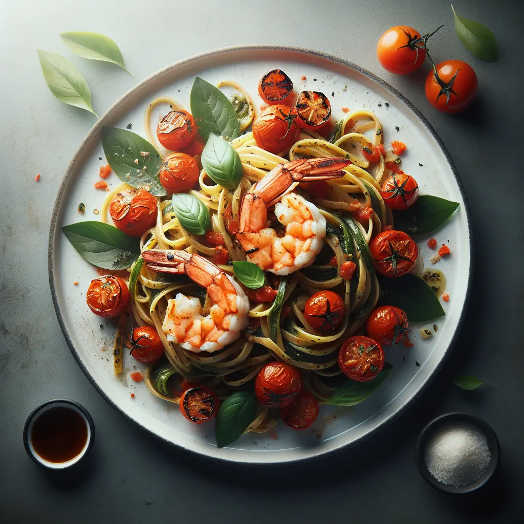 Autumn Tomato and Herb Pasta with Grilled Shrimp