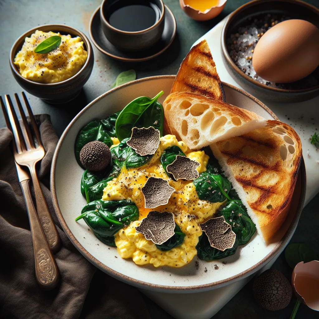 Truffle-Infused Scrambled Eggs with Sautéed Spinach and Toasted Brioche