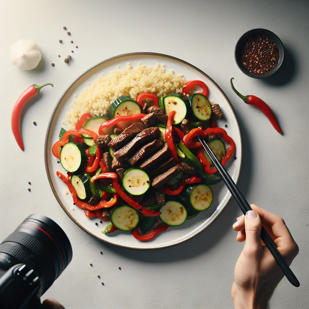 Zucchini and Red Bell Pepper Beef Stir-Fry with Quinoa