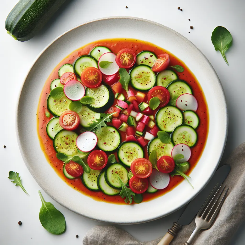 Zucchini and Tomato Gazpacho with Radish and Cucumber Salad