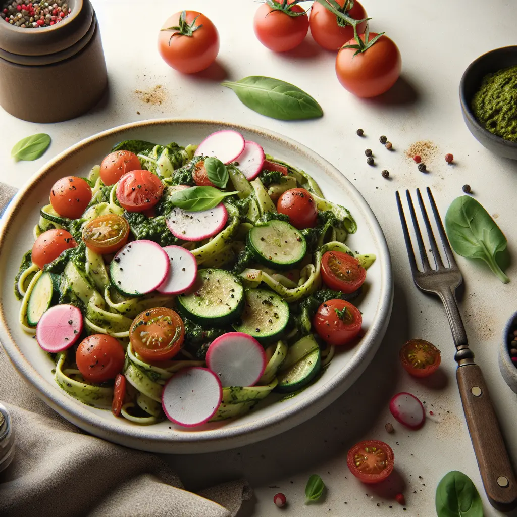 Zucchini and Tomato Pesto Pasta with Radish